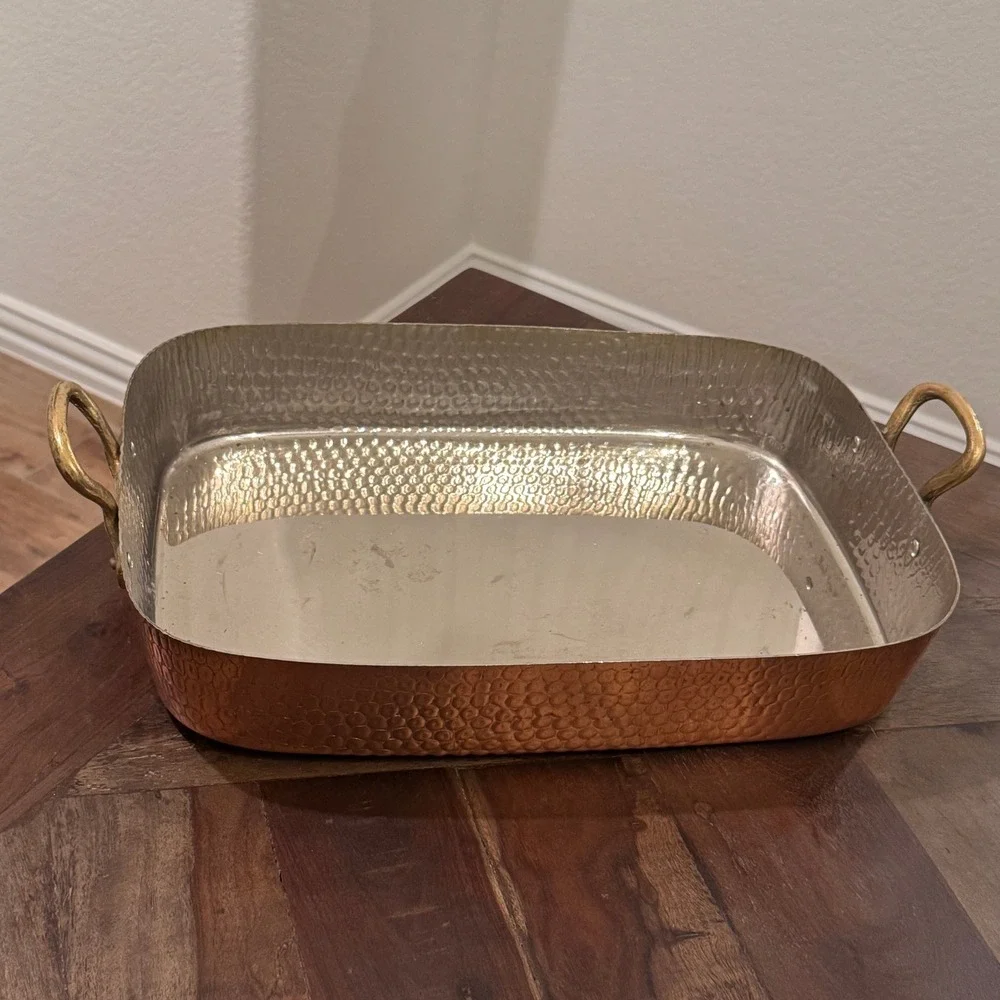 Hammered Copper Roasting Pan Rectangular Brass Handles Farmhouse Kitchen Decor